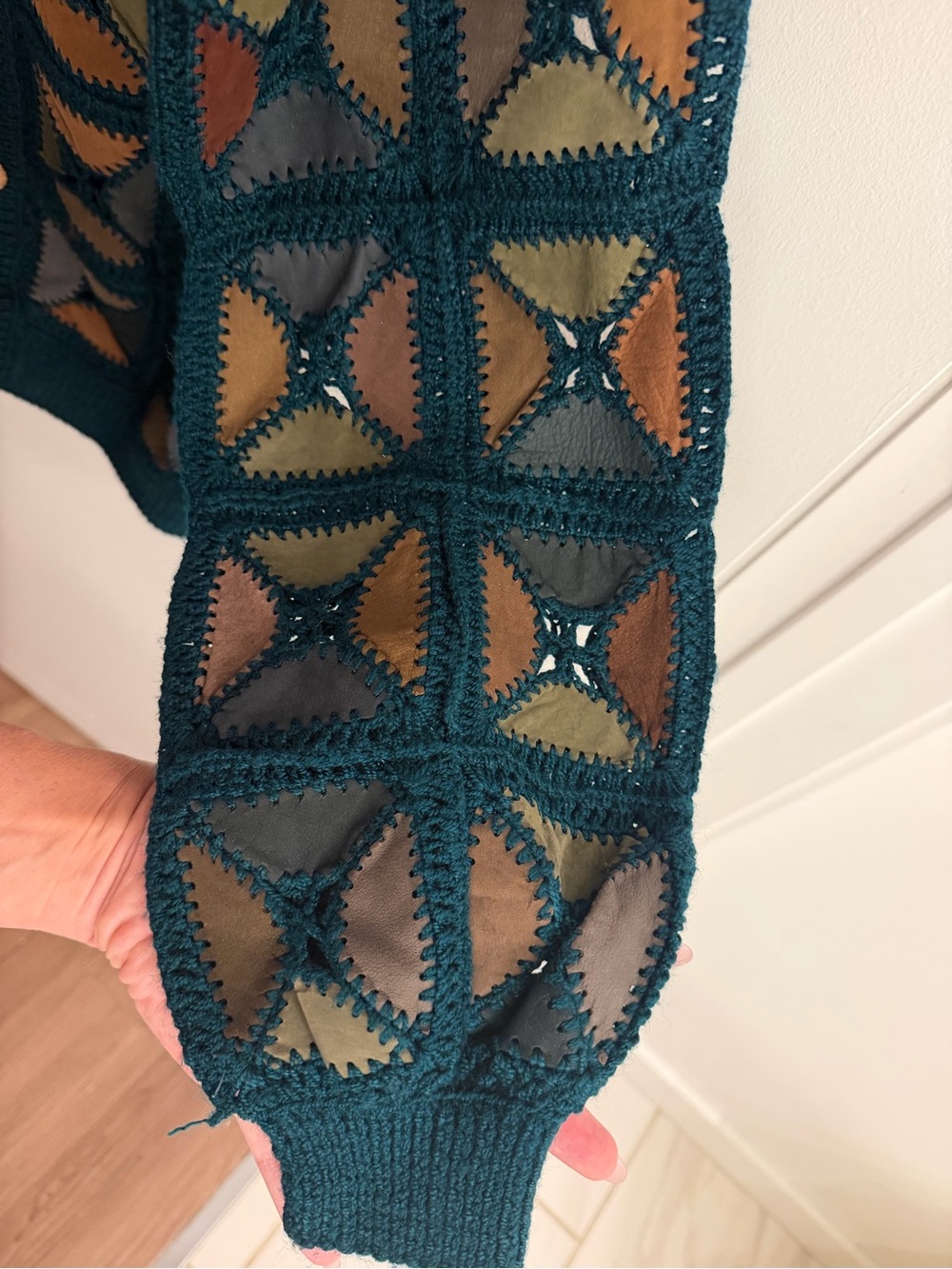 Vintage Crocheted Genuine Leather Patchwork Cardigan | Hand Knit One-of-a-kind - Picture 9 of 9